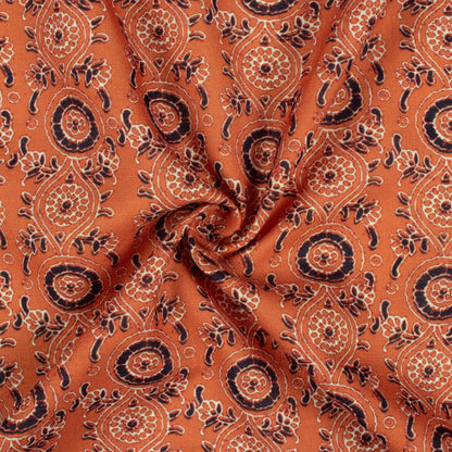 Burnt Orange And Black Ajrakh Pattern Digital Print Linen Textured Fabric (Width 56 Inches)