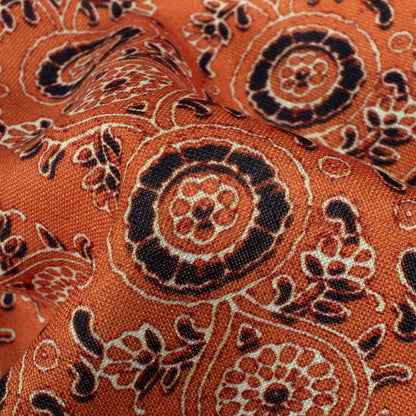 Burnt Orange And Black Ajrakh Pattern Digital Print Linen Textured Fabric (Width 56 Inches)