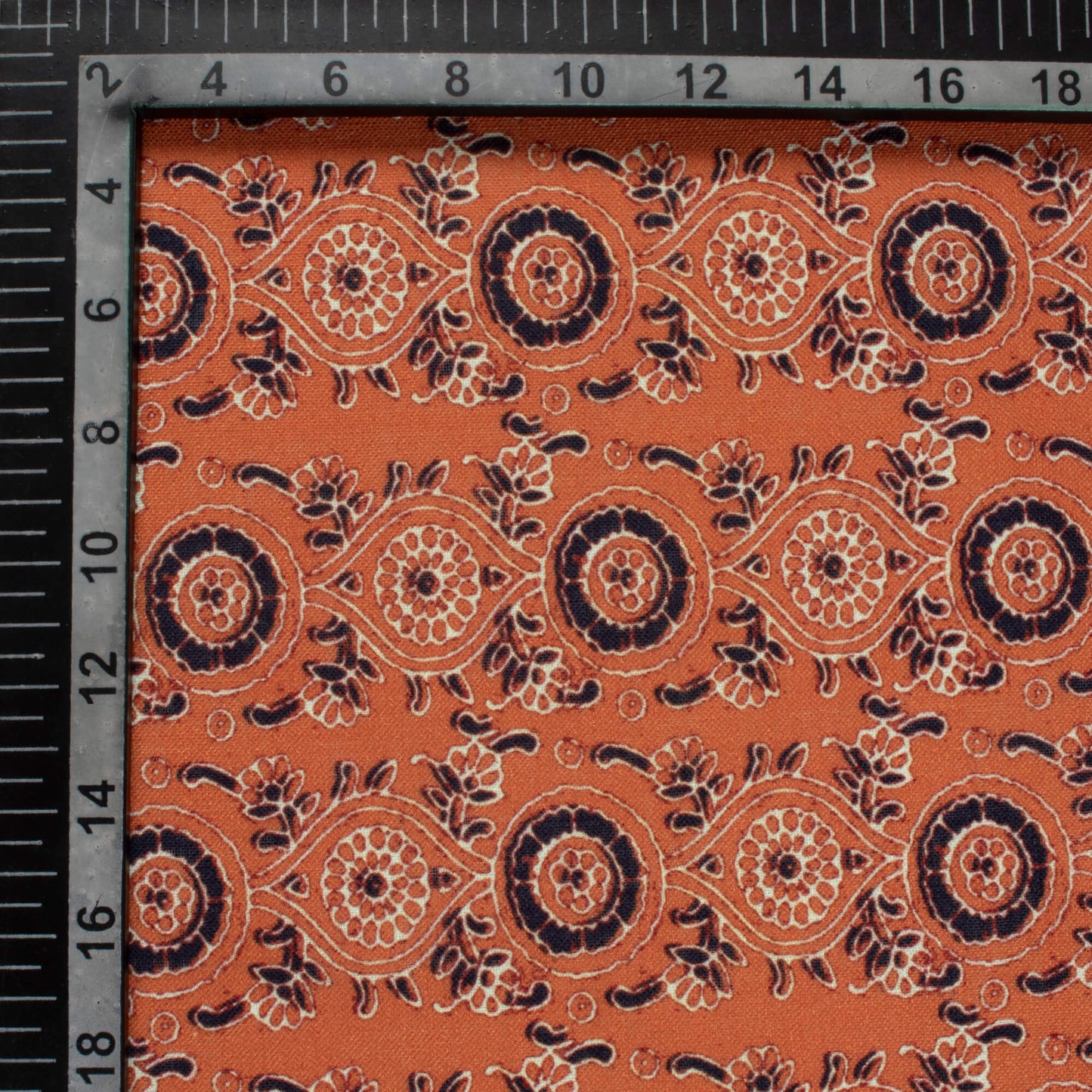 Burnt Orange And Black Ajrakh Pattern Digital Print Linen Textured Fabric (Width 56 Inches)