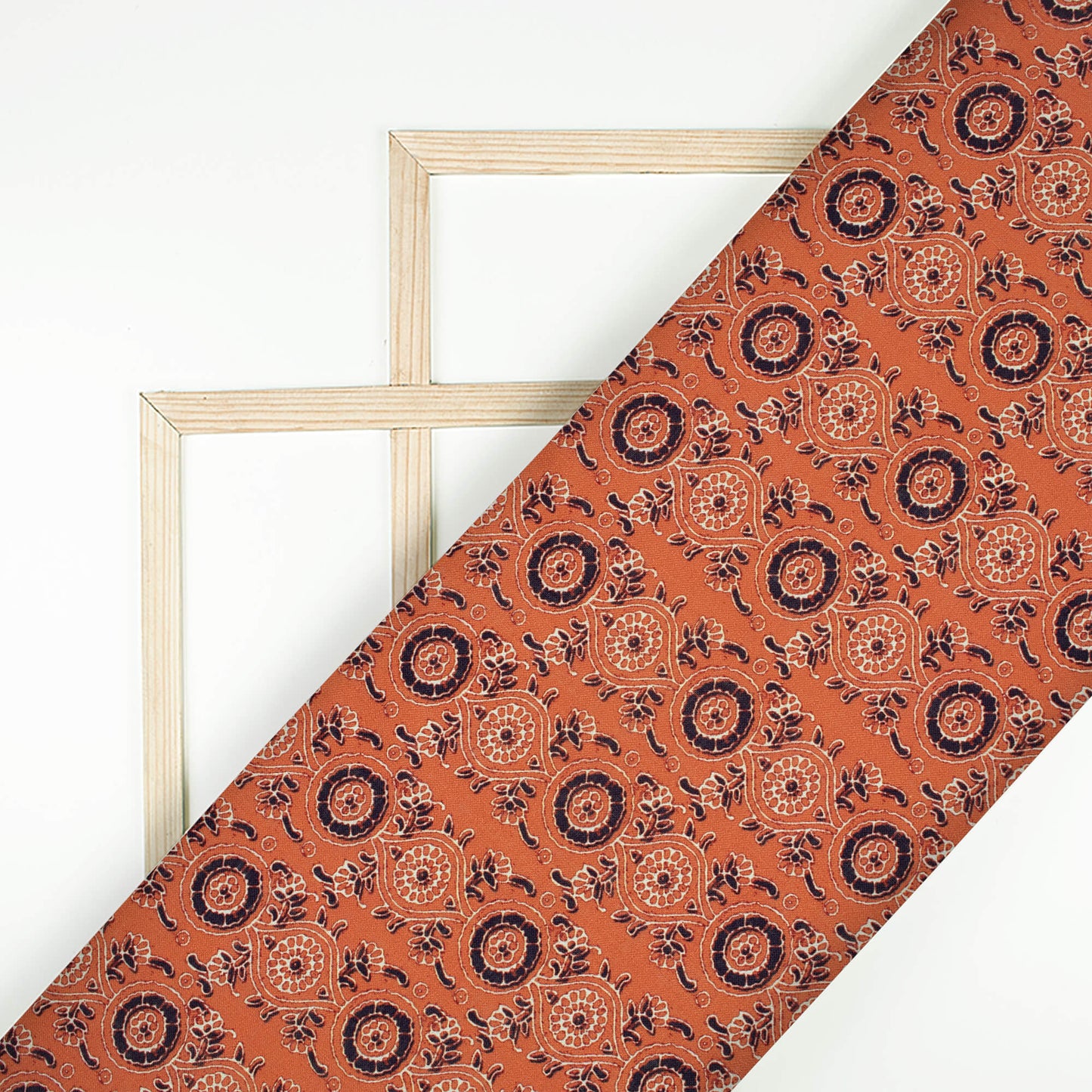 Burnt Orange And Black Ajrakh Pattern Digital Print Linen Textured Fabric (Width 56 Inches)