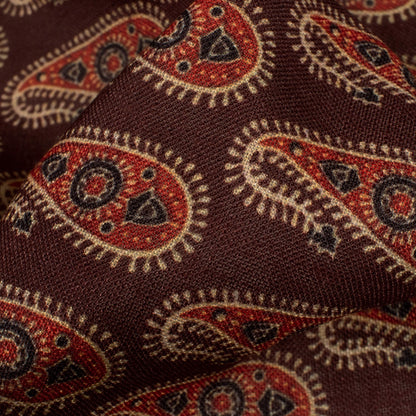 Hickory Brown And Blood Red Paisley Pattern Digital Print Linen Textured Fabric (Width 56 Inches)