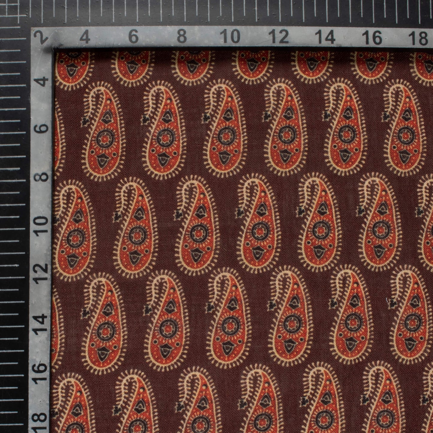 Hickory Brown And Blood Red Paisley Pattern Digital Print Linen Textured Fabric (Width 56 Inches)