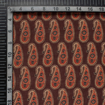 Hickory Brown And Blood Red Paisley Pattern Digital Print Linen Textured Fabric (Width 56 Inches)