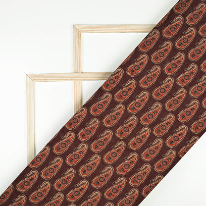 Hickory Brown And Blood Red Paisley Pattern Digital Print Linen Textured Fabric (Width 56 Inches)
