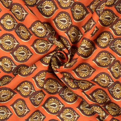 Dark Orange And Ochre Yellow Leaf Pattern Digital Print Linen Textured Fabric (Width 56 Inches)