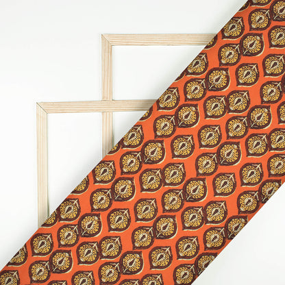 Dark Orange And Ochre Yellow Leaf Pattern Digital Print Linen Textured Fabric (Width 56 Inches)