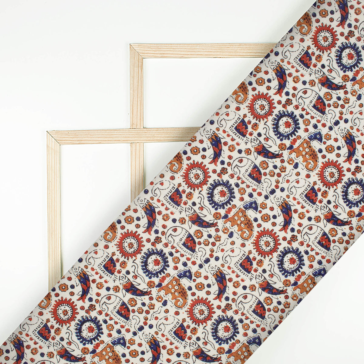 White And Navy Blue Ajrakh Pattern Digital Print Linen Textured Fabric (Width 56 Inches)