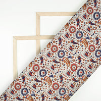 White And Navy Blue Ajrakh Pattern Digital Print Linen Textured Fabric (Width 56 Inches)