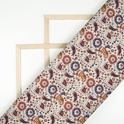White And Navy Blue Ajrakh Pattern Digital Print Linen Textured Fabric (Width 56 Inches)