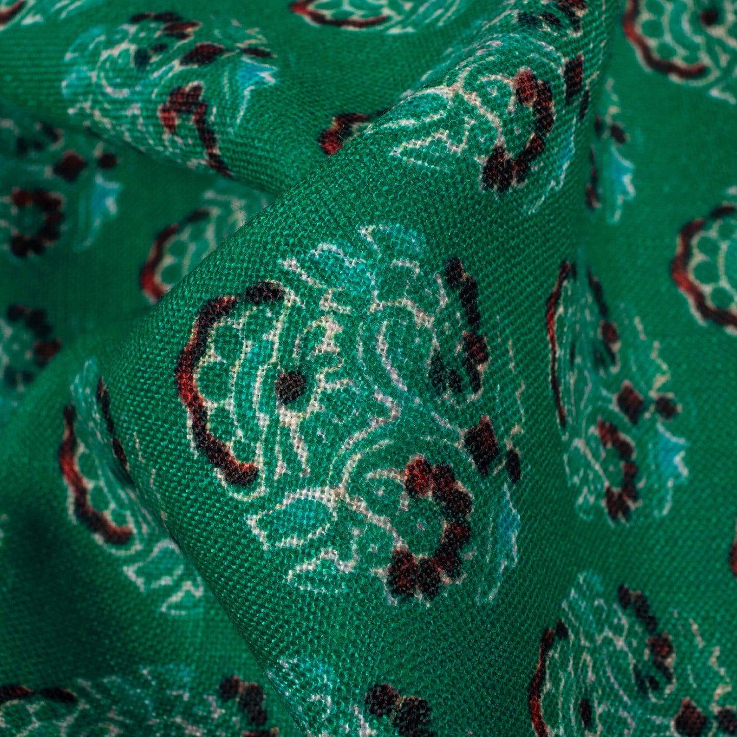 Dark Green And Red Floral Pattern Digital Print Linen Textured Fabric (Width 56 Inches)