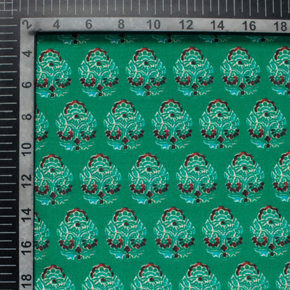 Dark Green And Red Floral Pattern Digital Print Linen Textured Fabric (Width 56 Inches)