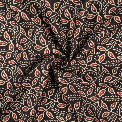 Black And Barn Red Ajrakh Pattern Digital Print Linen Textured Fabric (Width 56 Inches)
