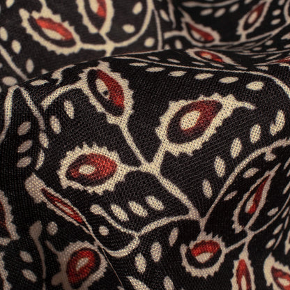 Black And Barn Red Ajrakh Pattern Digital Print Linen Textured Fabric (Width 56 Inches)