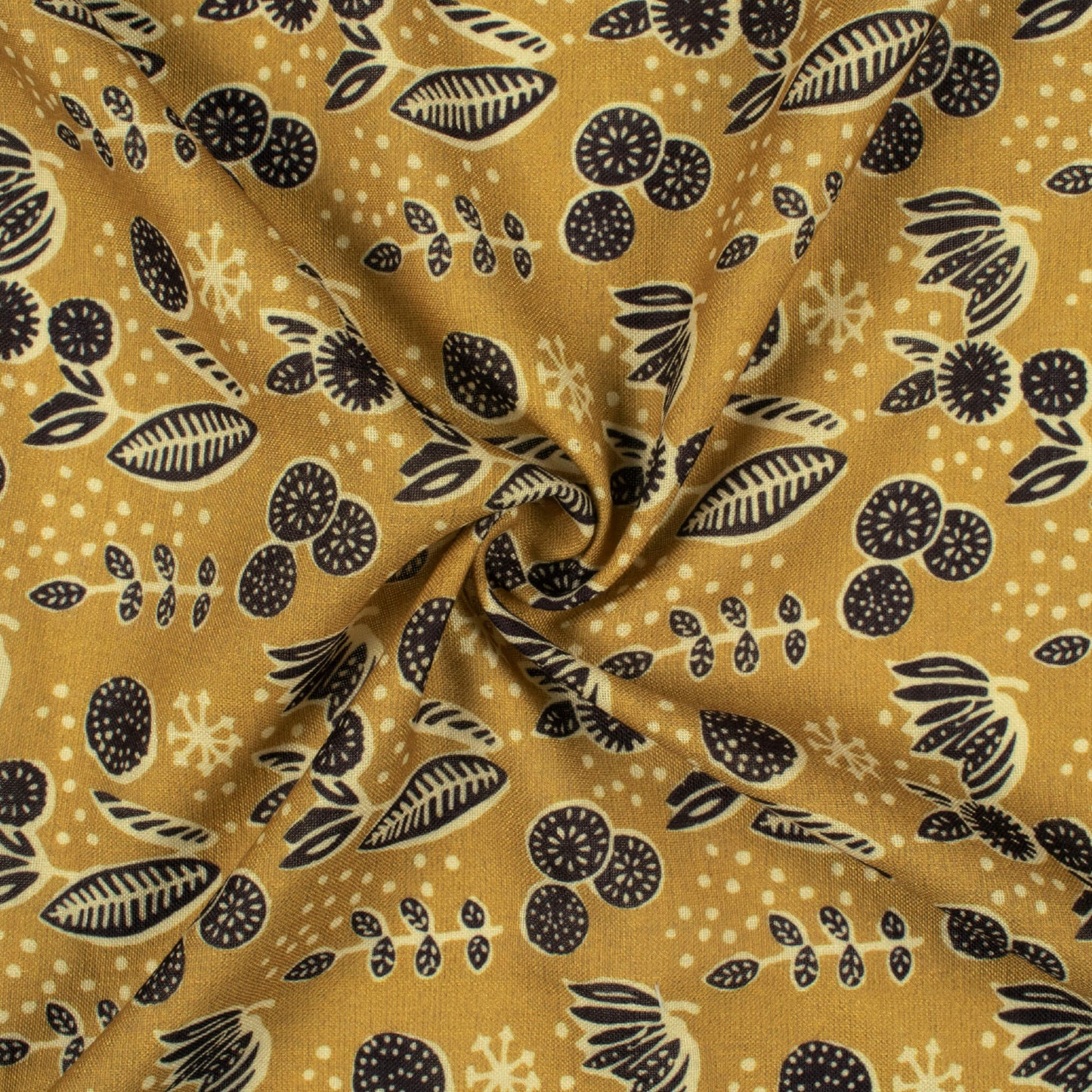 Ochre Yellow And Black Leaf Pattern Digital Print Linen Textured Fabric (Width 56 Inches)