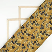 Ochre Yellow And Black Leaf Pattern Digital Print Linen Textured Fabric (Width 56 Inches)