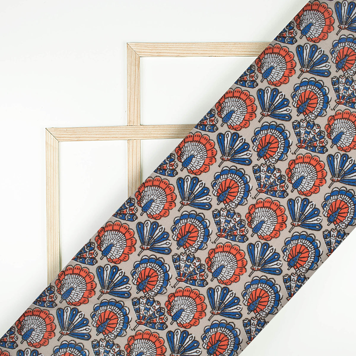 Grey And Peacock Blue Pattern Digital Print Linen Textured Fabric (Width 56 Inches)