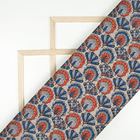 Grey And Peacock Blue Pattern Digital Print Linen Textured Fabric (Width 56 Inches)