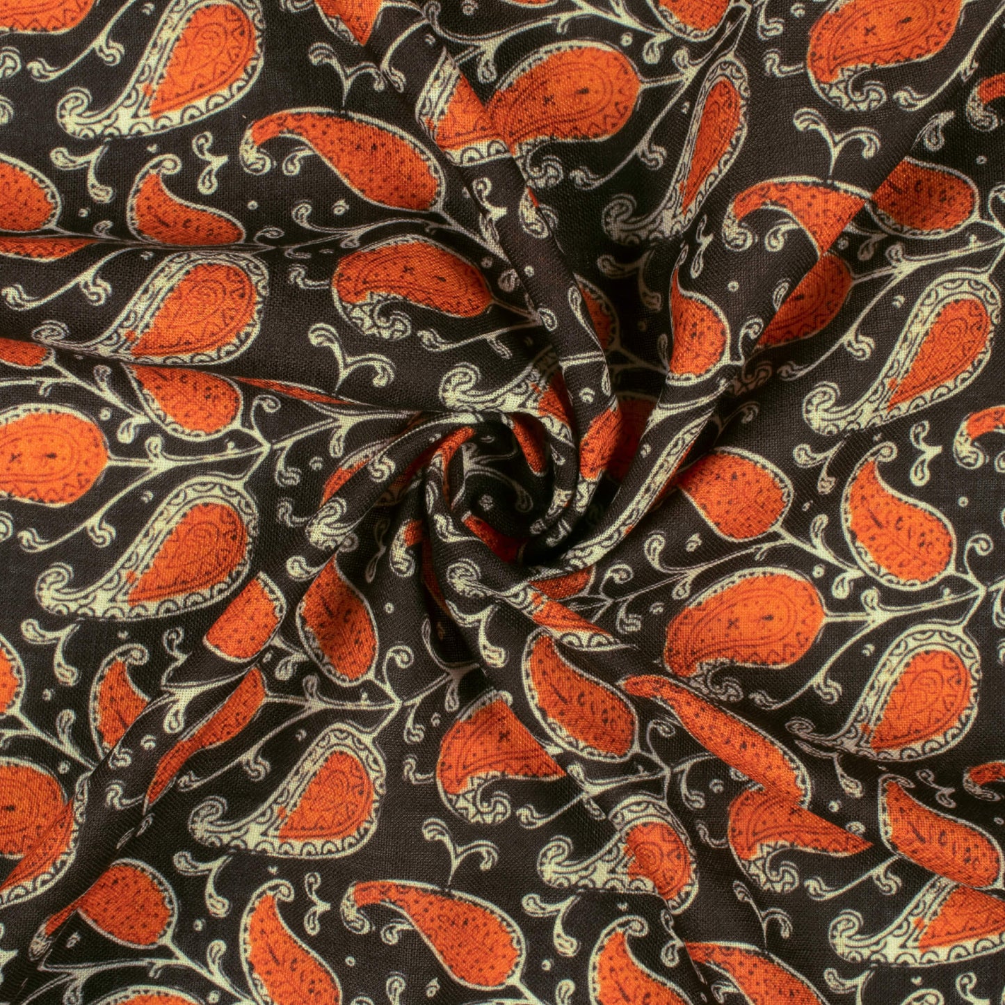 Black And Dark Orange Paisley Pattern Digital Print Linen Textured Fabric (Width 56 Inches)