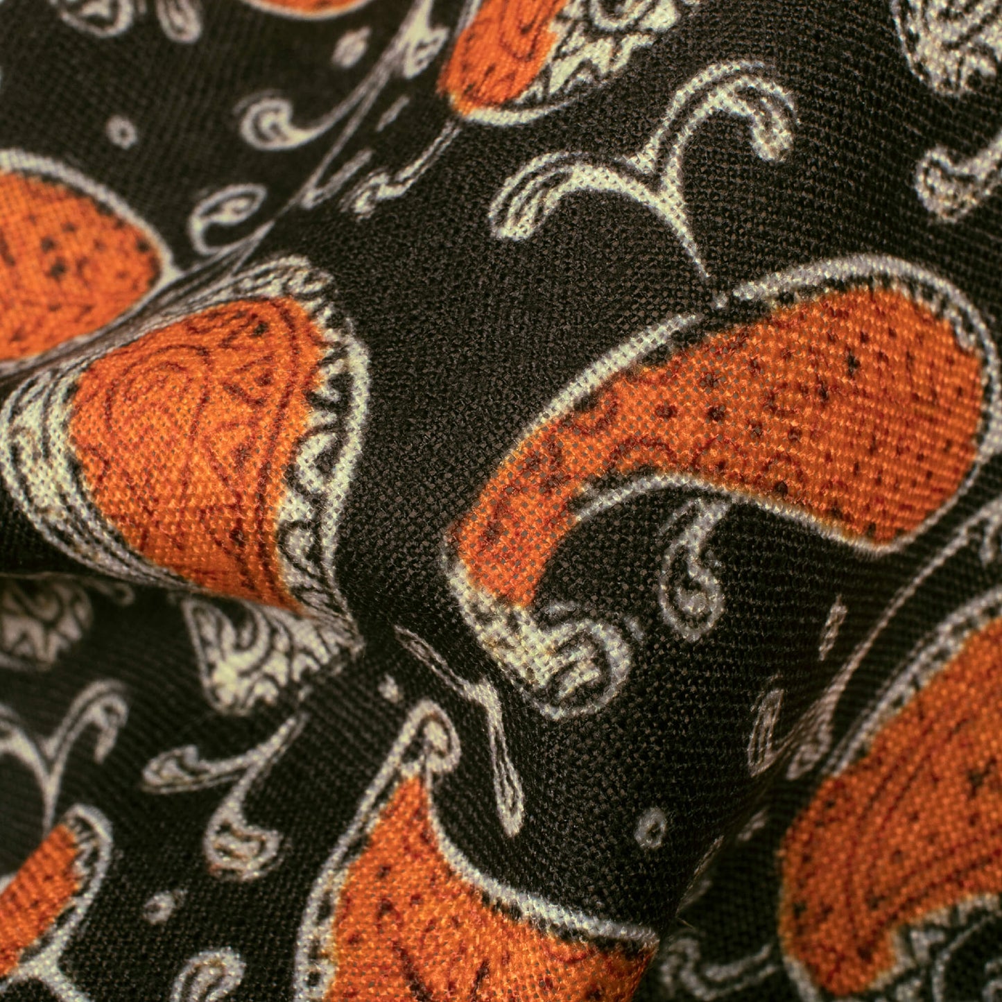 Black And Dark Orange Paisley Pattern Digital Print Linen Textured Fabric (Width 56 Inches)