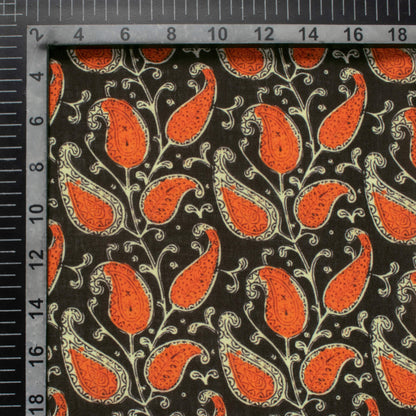 Black And Dark Orange Paisley Pattern Digital Print Linen Textured Fabric (Width 56 Inches)