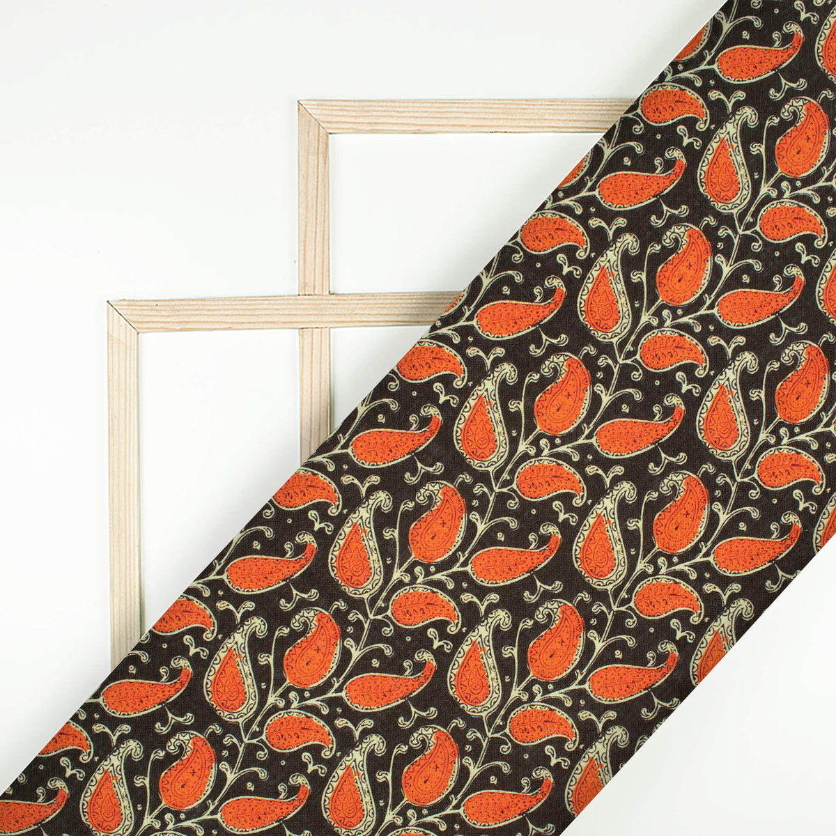 Black And Dark Orange Paisley Pattern Digital Print Linen Textured Fabric (Width 56 Inches)