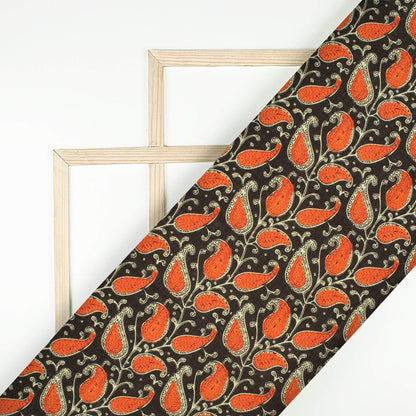 Black And Dark Orange Paisley Pattern Digital Print Linen Textured Fabric (Width 56 Inches)