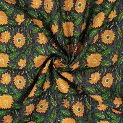 Slate Grey And Honey Yellow Floral Pattern Digital Print Linen Textured Fabric (Width 56 Inches)