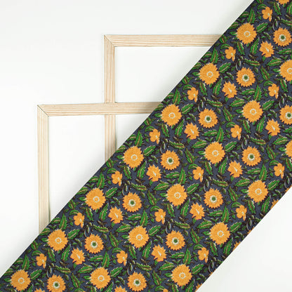 Slate Grey And Honey Yellow Floral Pattern Digital Print Linen Textured Fabric (Width 56 Inches)