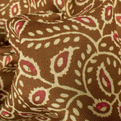 Dark Brown And Red Leaf Pattern Digital Print Linen Textured Fabric (Width 56 Inches)