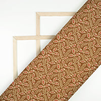 Dark Brown And Red Leaf Pattern Digital Print Linen Textured Fabric (Width 56 Inches)