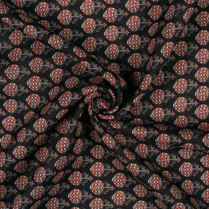 Black And Brick Red Floral Pattern Digital Print Linen Textured Fabric (Width 56 Inches)