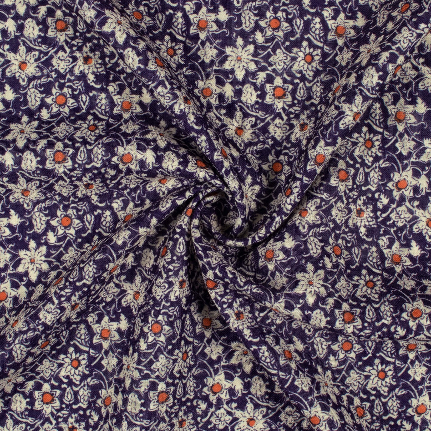 Midnight Purple And Oat Beige Floral Pattern Digital Print Linen Textured Fabric (Width 56 Inches)