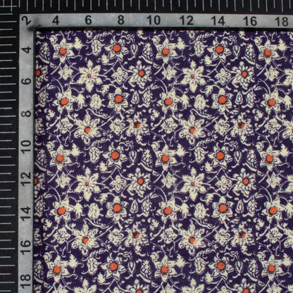 Midnight Purple And Oat Beige Floral Pattern Digital Print Linen Textured Fabric (Width 56 Inches)