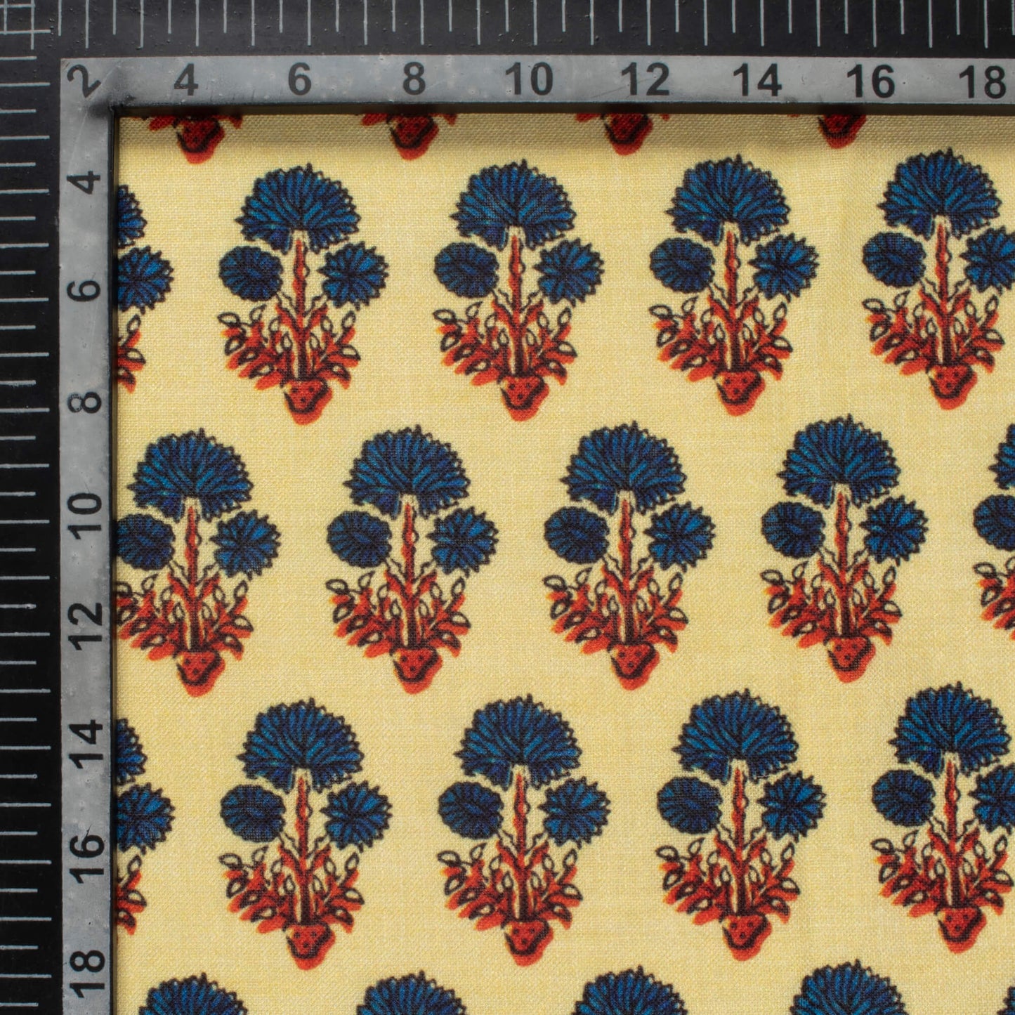 Pastel Yellow And Yale Blue Floral Pattern Digital Print Linen Textured Fabric (Width 56 Inches)