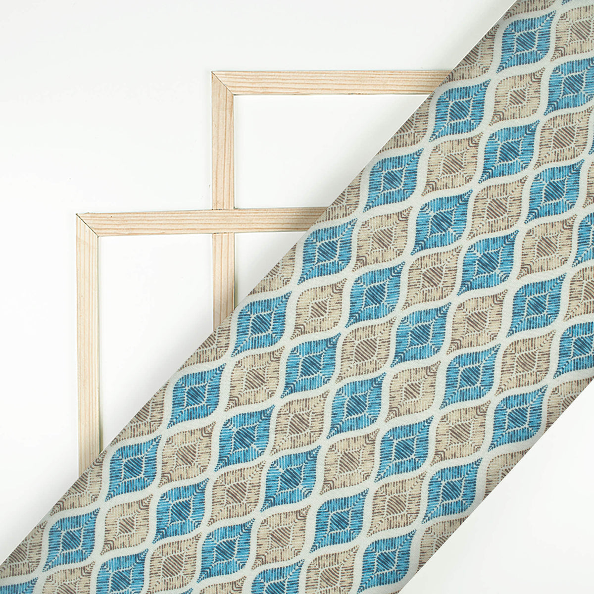 Pastel Blue And Latte Beige Trellis Pattern Digital Print Linen Textured Fabric (Width 56 Inches)