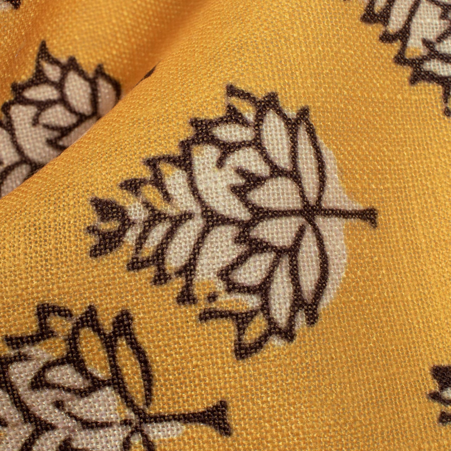 Honey Yellow And Black Floral Pattern Digital Print Linen Textured Fabric (Width 56 Inches)