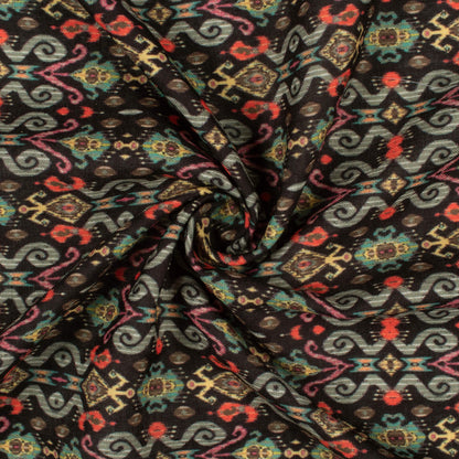 Black And Sage Green Ethnic Pattern Digital Print Linen Textured Fabric (Width 56 Inches)