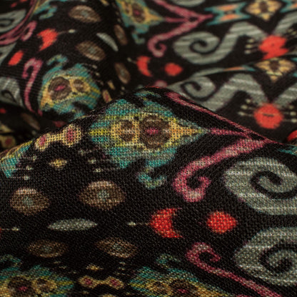 Black And Sage Green Ethnic Pattern Digital Print Linen Textured Fabric (Width 56 Inches)
