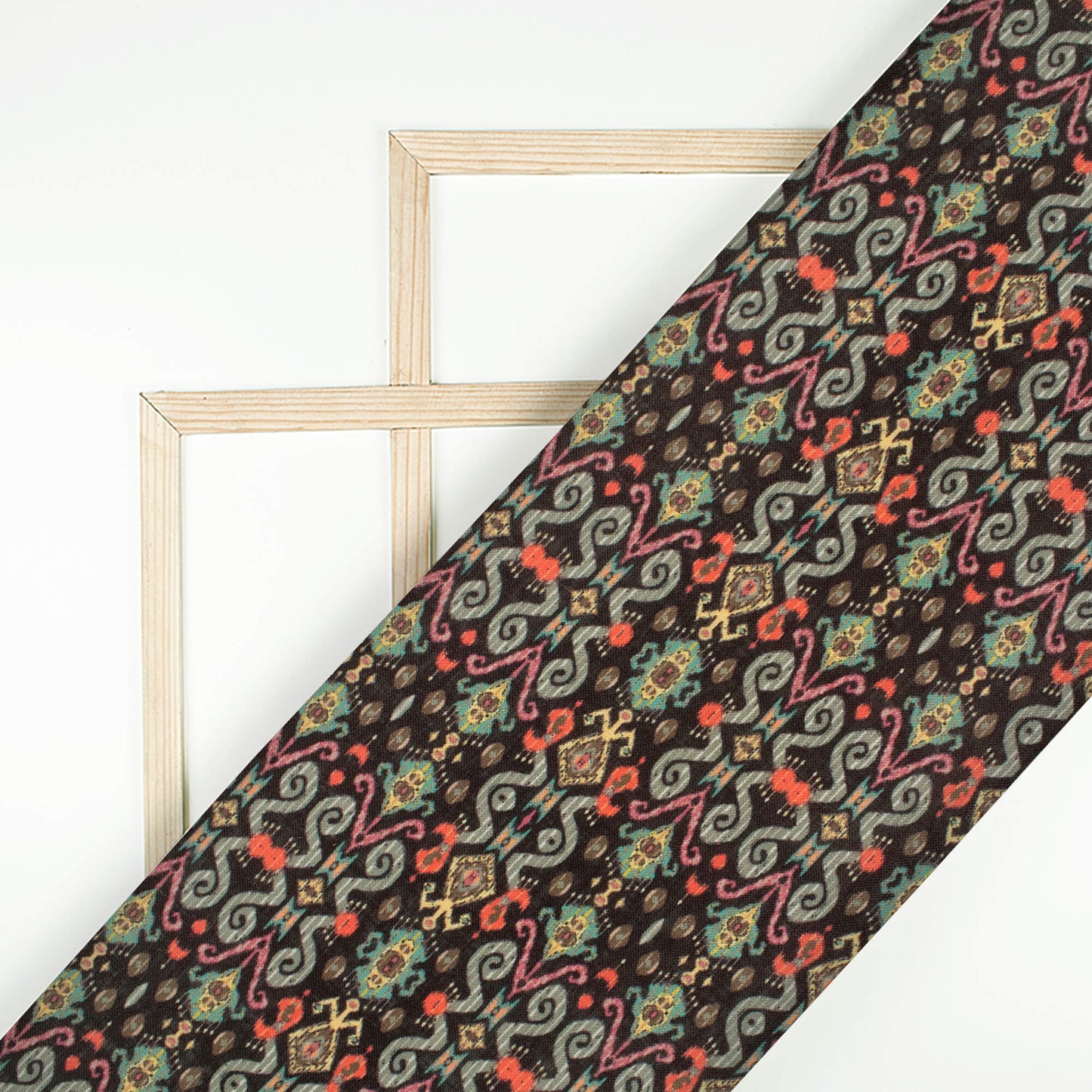 Black And Sage Green Ethnic Pattern Digital Print Linen Textured Fabric (Width 56 Inches)