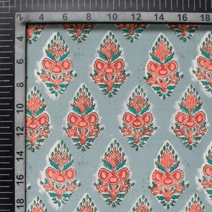 Grey And Indian Red Booti Pattern Digital Print Linen Textured Fabric (Width 56 Inches)