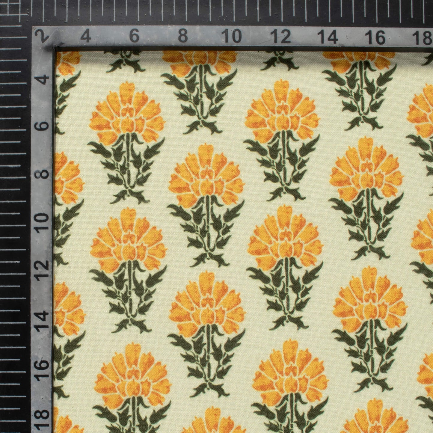 Cream And Mustard Yellow Floral Pattern Digital Print Linen Textured Fabric (Width 56 Inches)