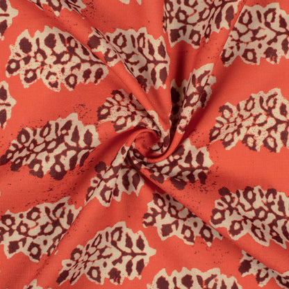 Vermilion Red And Seal Brown Leaf Pattern Digital Print Linen Textured Fabric (Width 56 Inches)