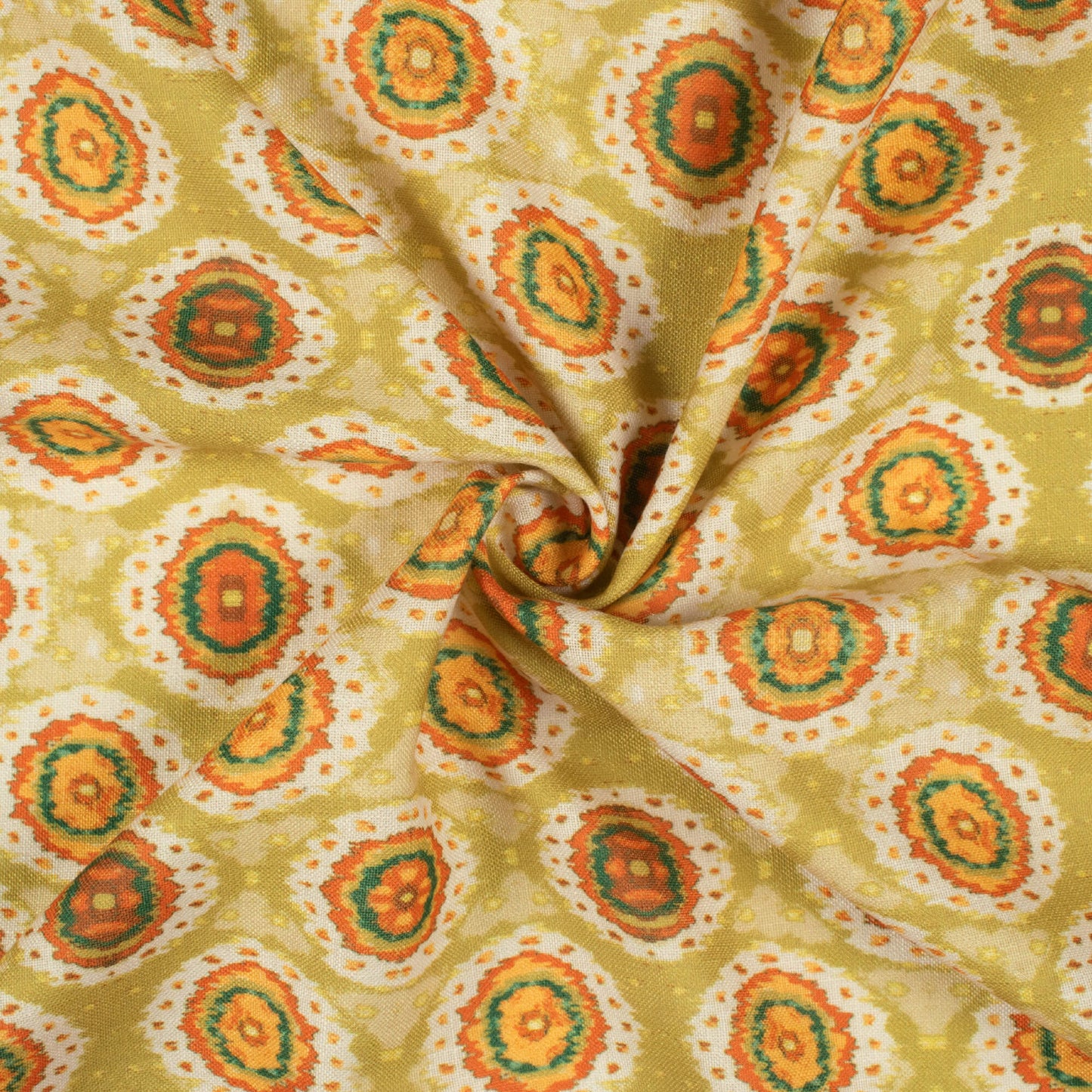 Pear Green And Burnt Orange Geometric Pattern Digital Print Linen Textured Fabric (Width 56 Inches)