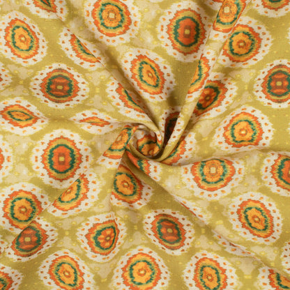 Pear Green And Burnt Orange Geometric Pattern Digital Print Linen Textured Fabric (Width 56 Inches)