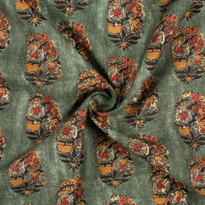 Basil Green And Ochre Orange Floral Pattern Digital Print Linen Textured Fabric (Width 56 Inches)