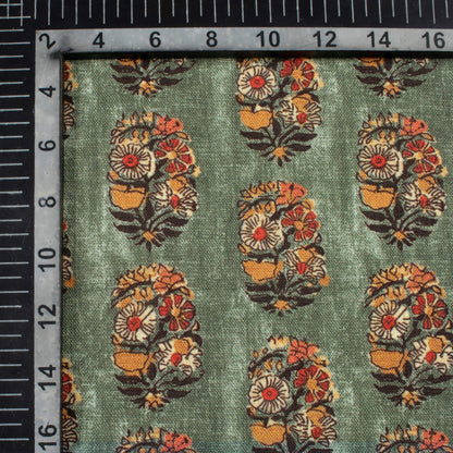 Basil Green And Ochre Orange Floral Pattern Digital Print Linen Textured Fabric (Width 56 Inches)
