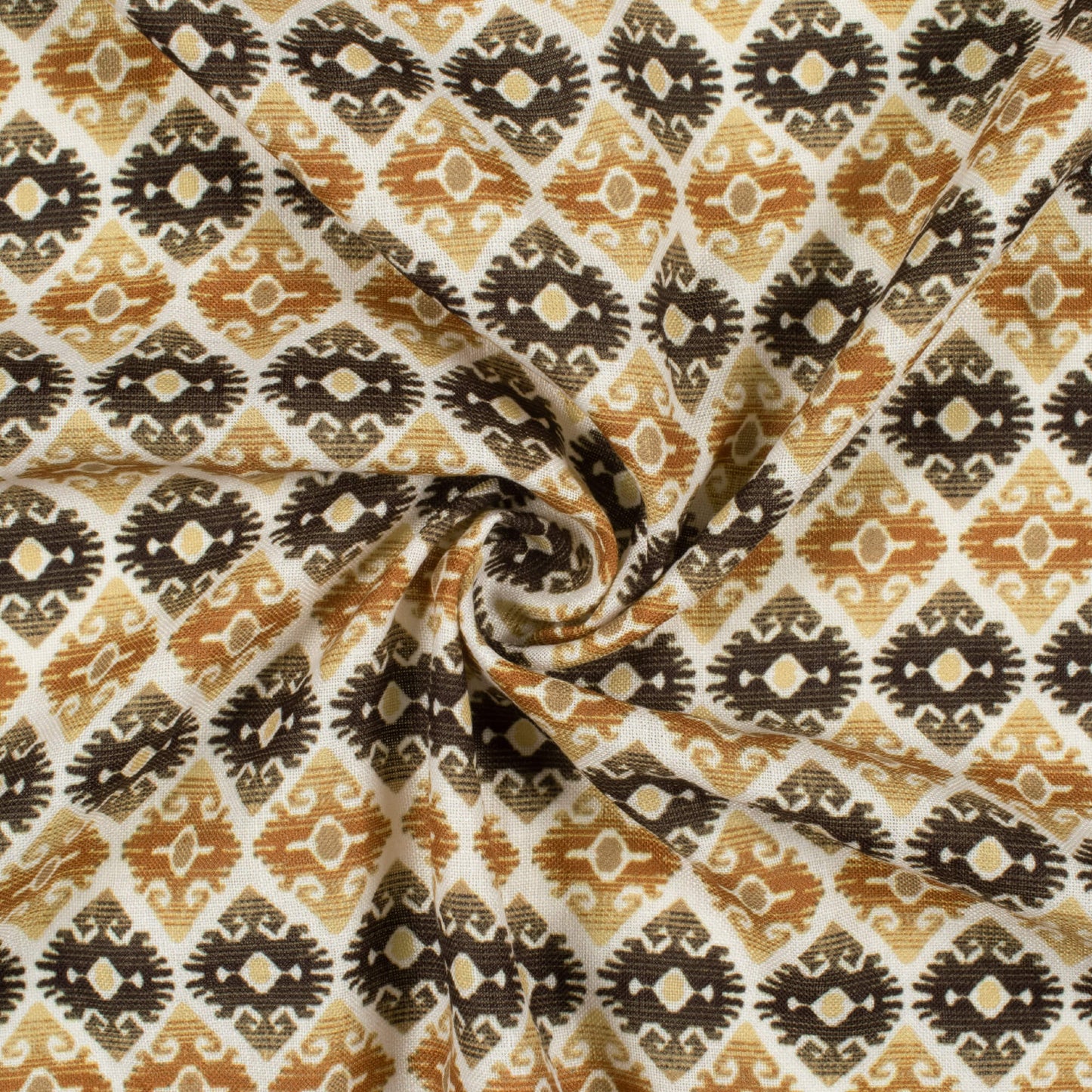 Peanut Brown And Black Traditional Pattern Digital Print Linen Textured Fabric (Width 56 Inches)