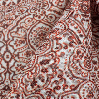 Blood Red And White Traditional Pattern Digital Print Linen Textured Fabric (Width 56 Inches)