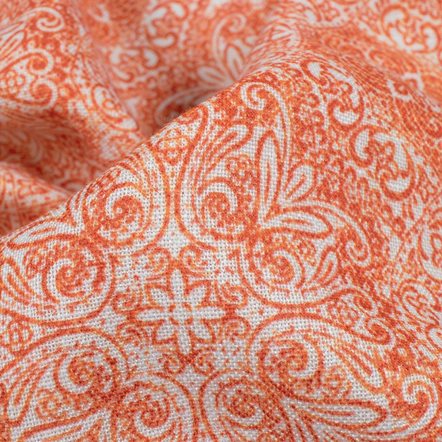 Amber Orange And White Traditional Pattern Digital Print Linen Textured Fabric (Width 56 Inches)