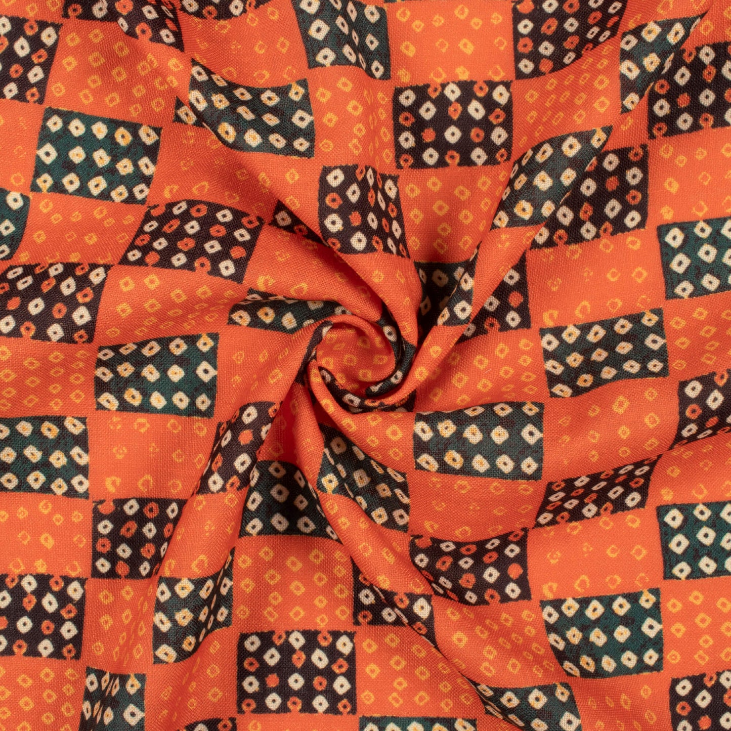 Salamander Orange And Corn Yellow Bandhani Pattern Digital Print Linen Textured Fabric (Width 56 Inches)